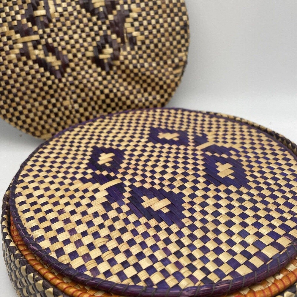 Vintage Trivet Set Woven With Case Ratten Basketweave Wicker Bamboo Set of 5